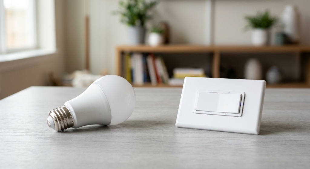 Generic smart LED bulb lying on a tabletop beside a finished smart light switch for a homeowner comparison.
