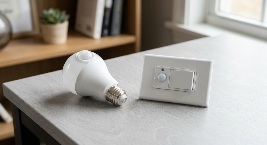 Generic motion sensor LED bulb lying on a tabletop beside a finished motion sensor wall switch for a homeowner comparison.