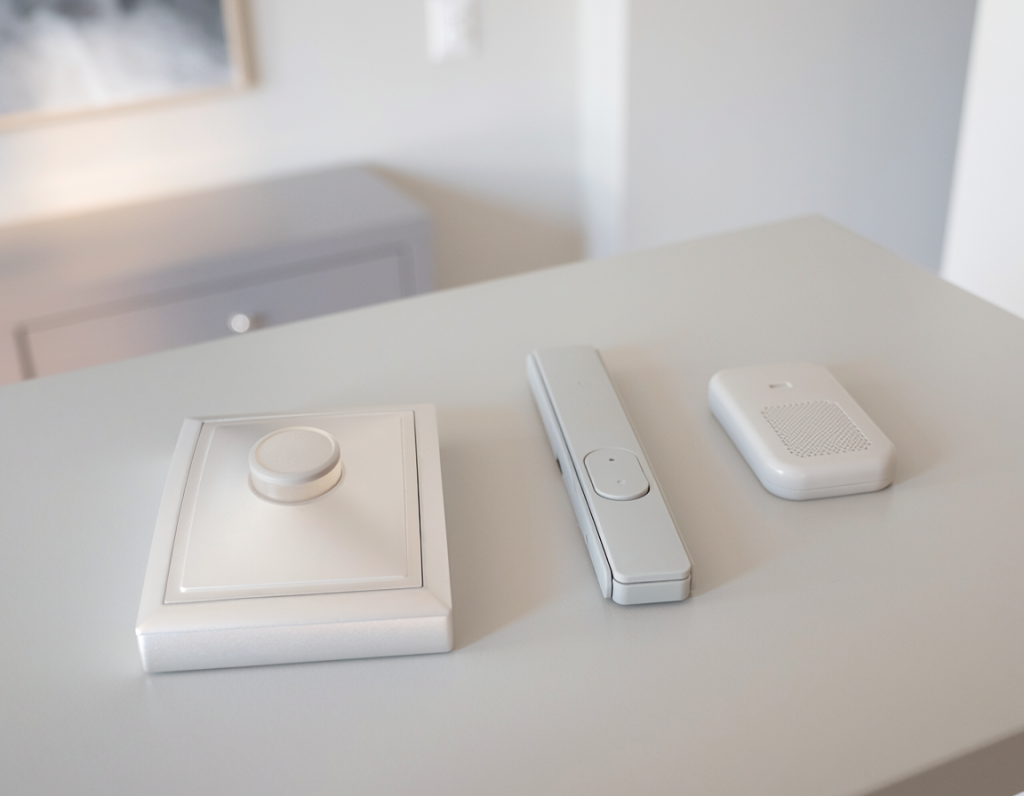 Generic wired-style doorbell button and wireless doorbell button with plug-in chime resting on a clean tabletop for a homeowner comparison.