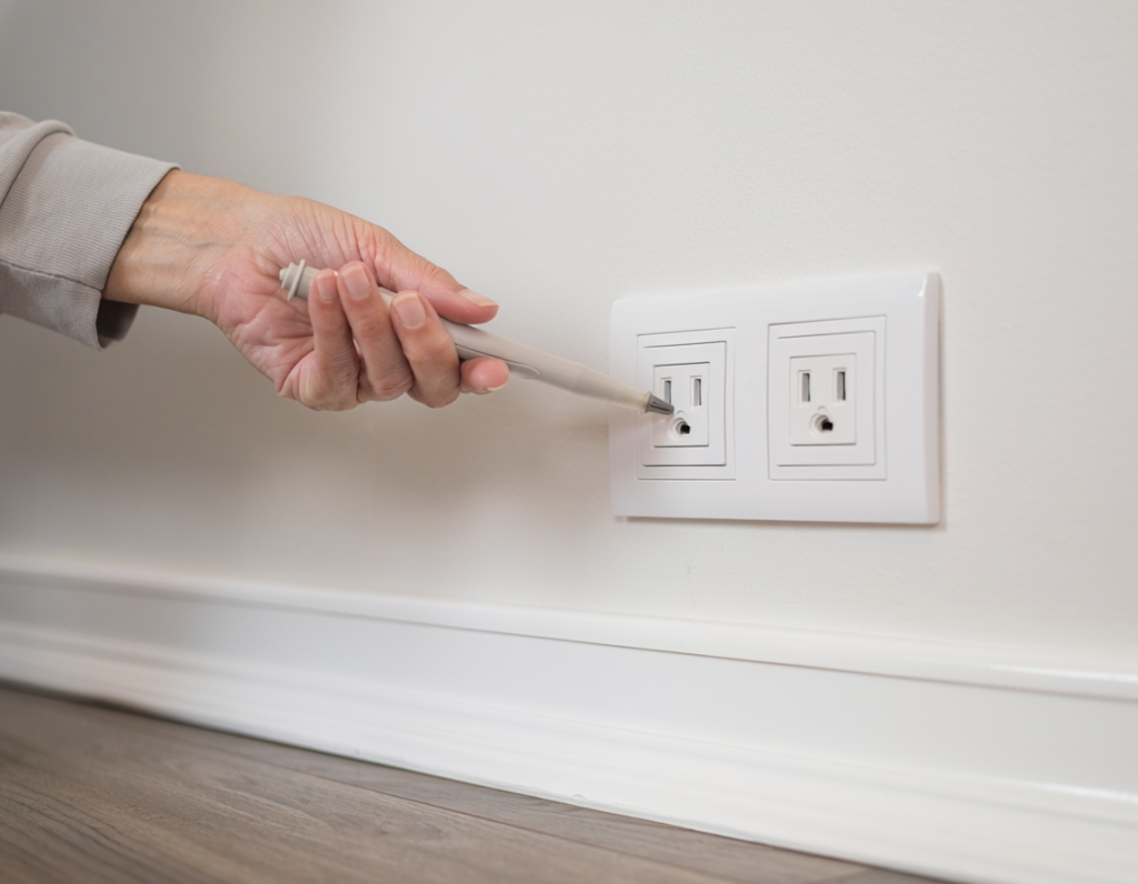 Homeowner safely holding a non-contact voltage tester near the face of an intact wall outlet without touching the outlet or inserting the tester.