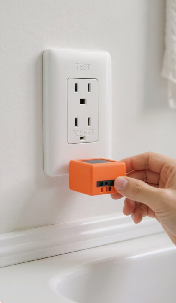 Homeowner safely testing an intact GFCI outlet from the outlet face with a simple plug-in tester.
