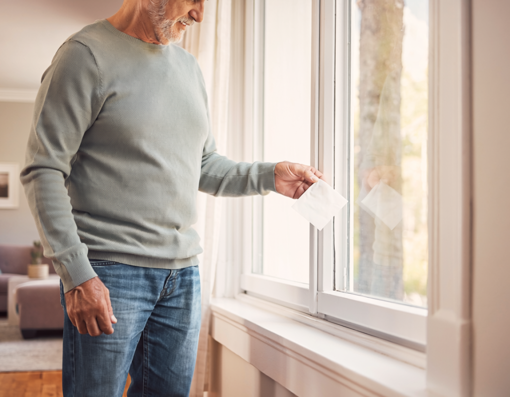Homeowner holds a white tissue near the edge of a closed window to check for an air leak.