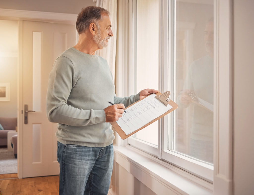Homeowner reviewing an air sealing checklist on a clipboard near a closed exterior door and closed window in a bright, clean home.