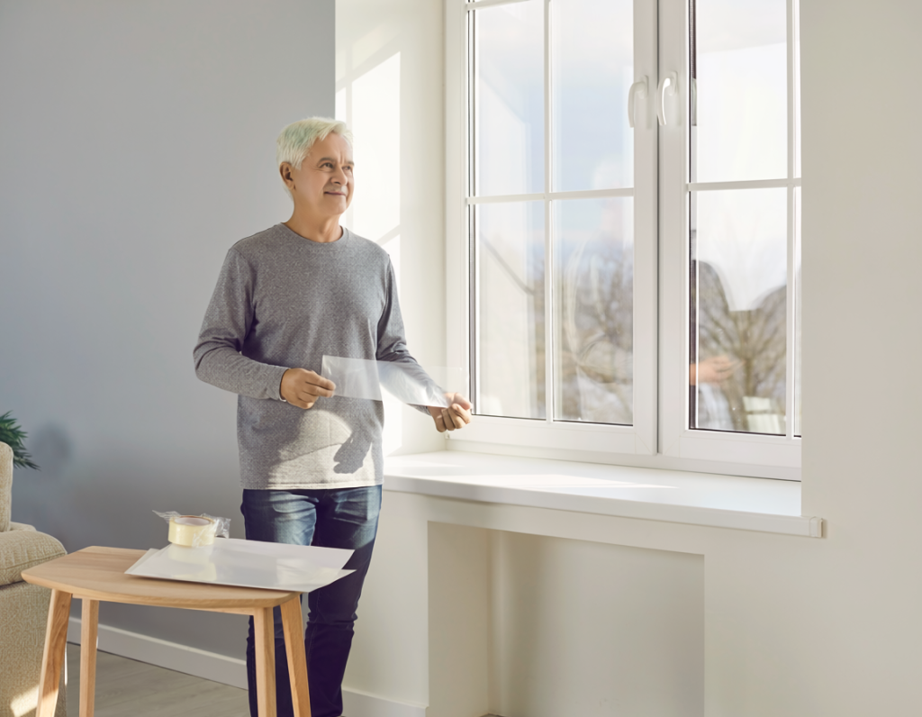 Homeowner holding folded clear film beside a closed window while evaluating a window insulation kit before installation.