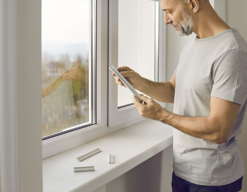 Homeowner compares a replacement weatherstripping sample with the existing seal on a closed window.