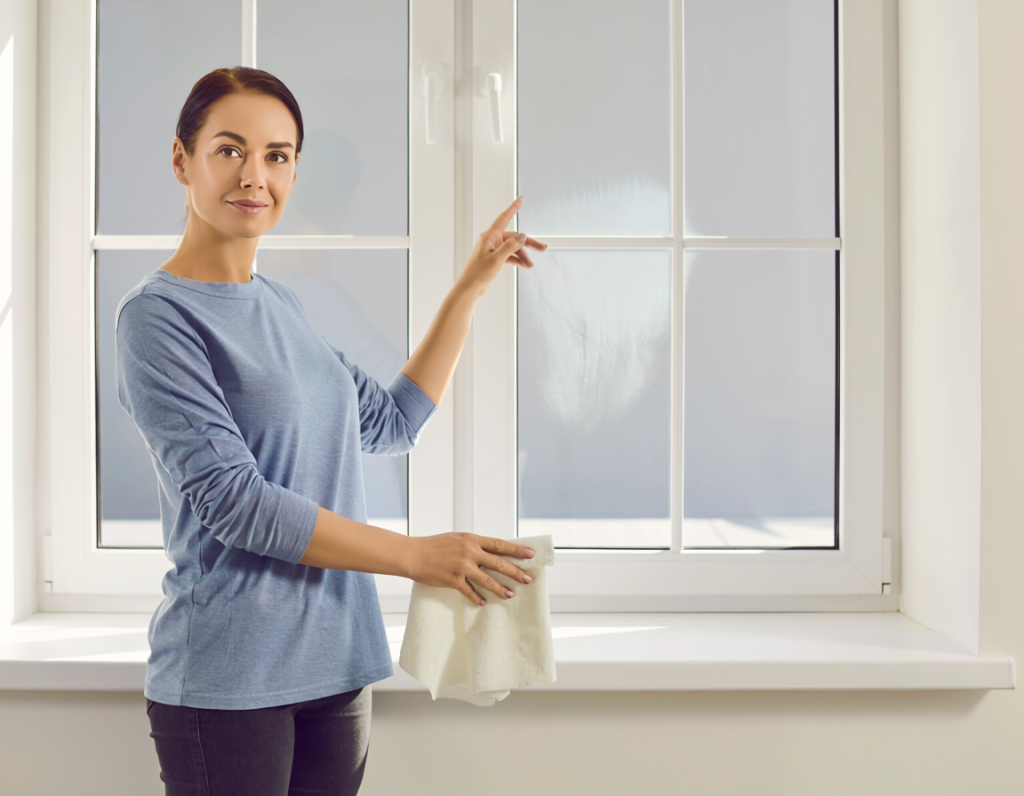 Homeowner examining a cloudy patch of condensation trapped between the panes of a closed double-pane window.