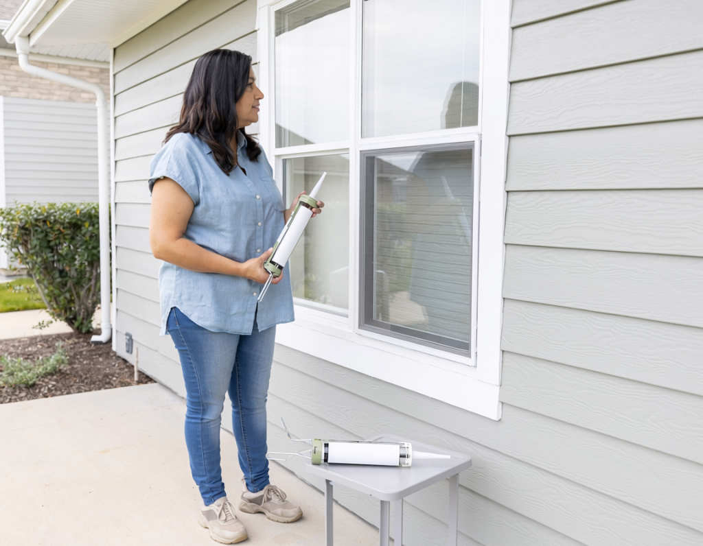 Homeowner comparing two generic caulk cartridges beside the fixed seam between exterior window trim and siding.