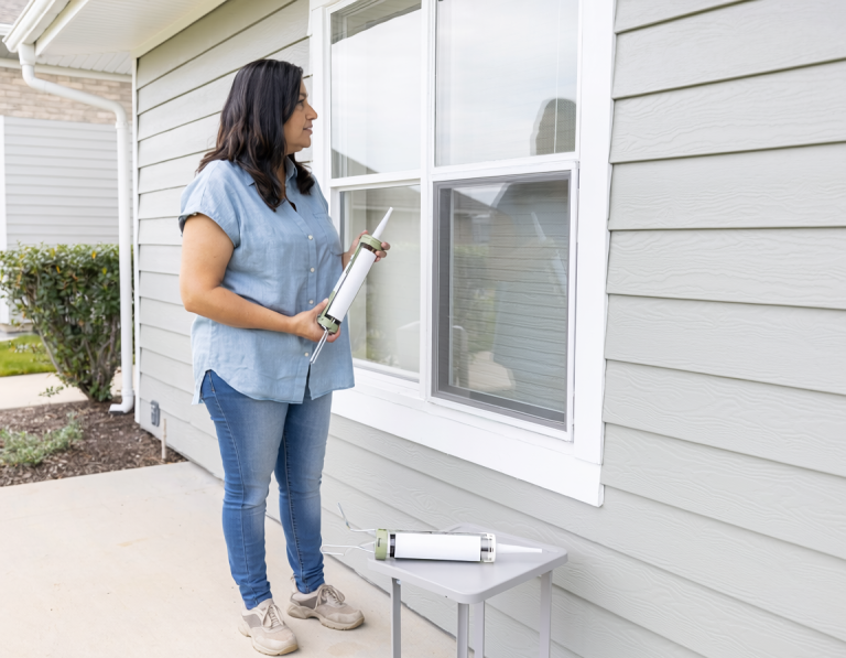 Homeowner comparing two generic caulk cartridges beside the fixed seam between exterior window trim and siding.
