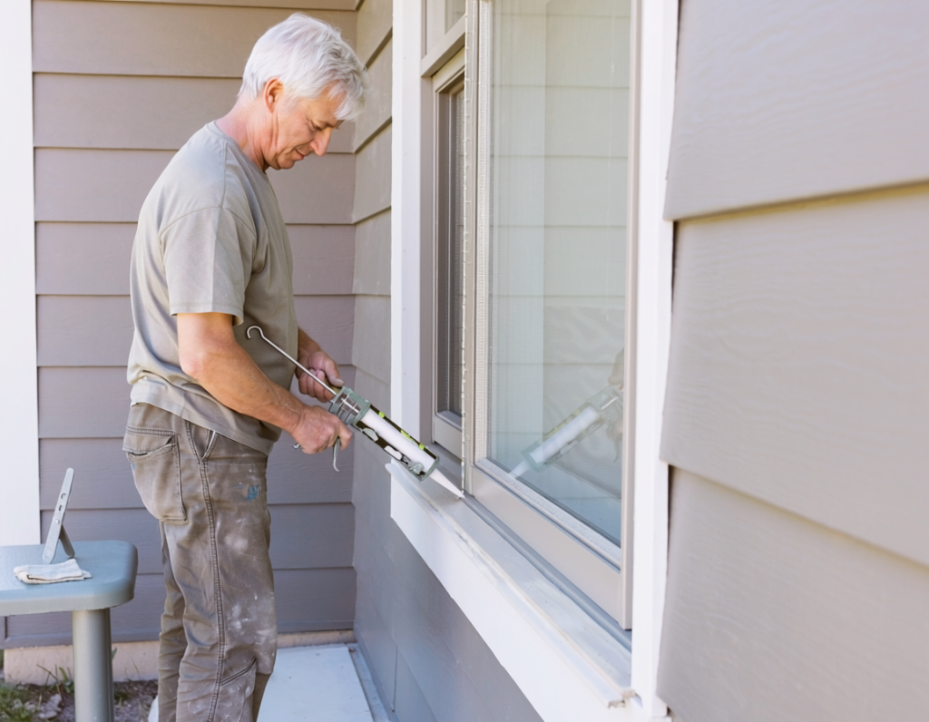Homeowner using a caulk gun to apply a neat exterior bead where window trim meets siding.