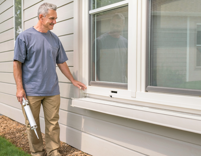 Homeowner holding a closed caulk cartridge while inspecting an unobstructed weep hole at the bottom of an exterior window frame.
