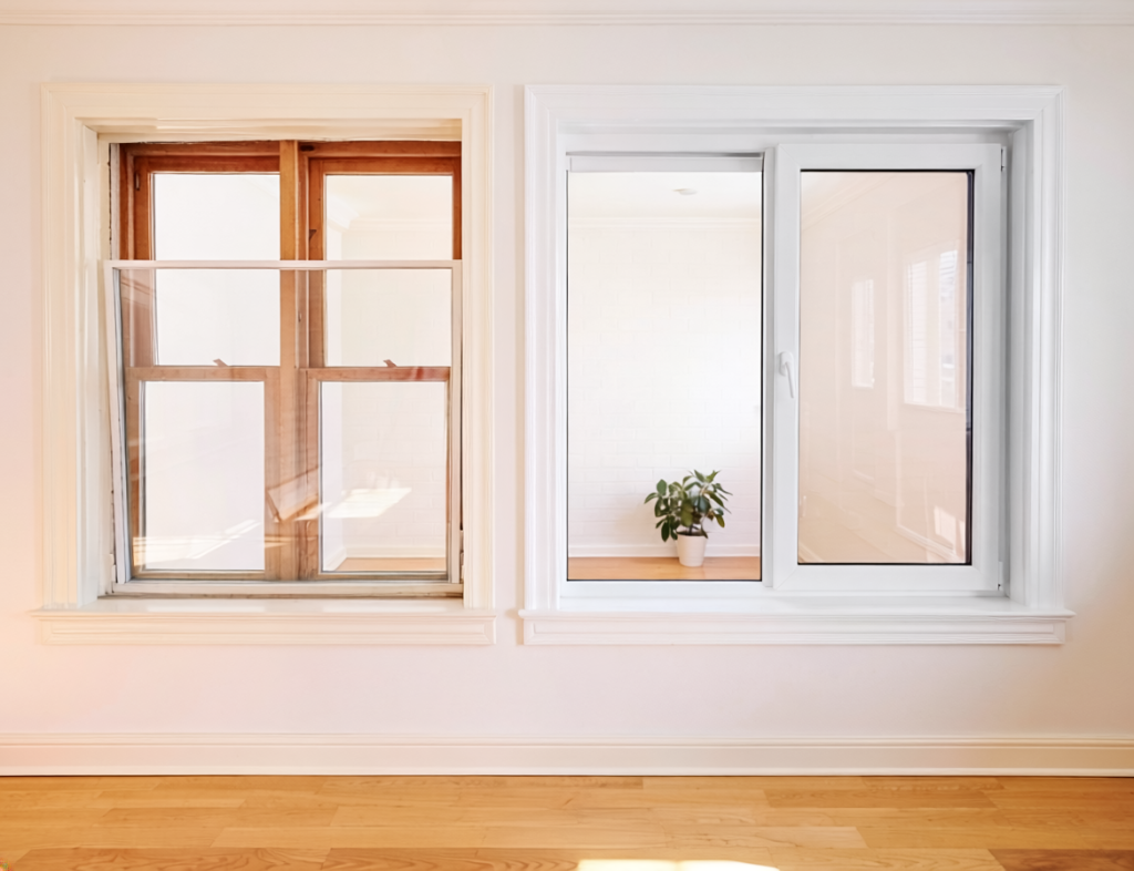 An older double-hung window with a clear interior storm panel and a modern replacement double-hung window.
