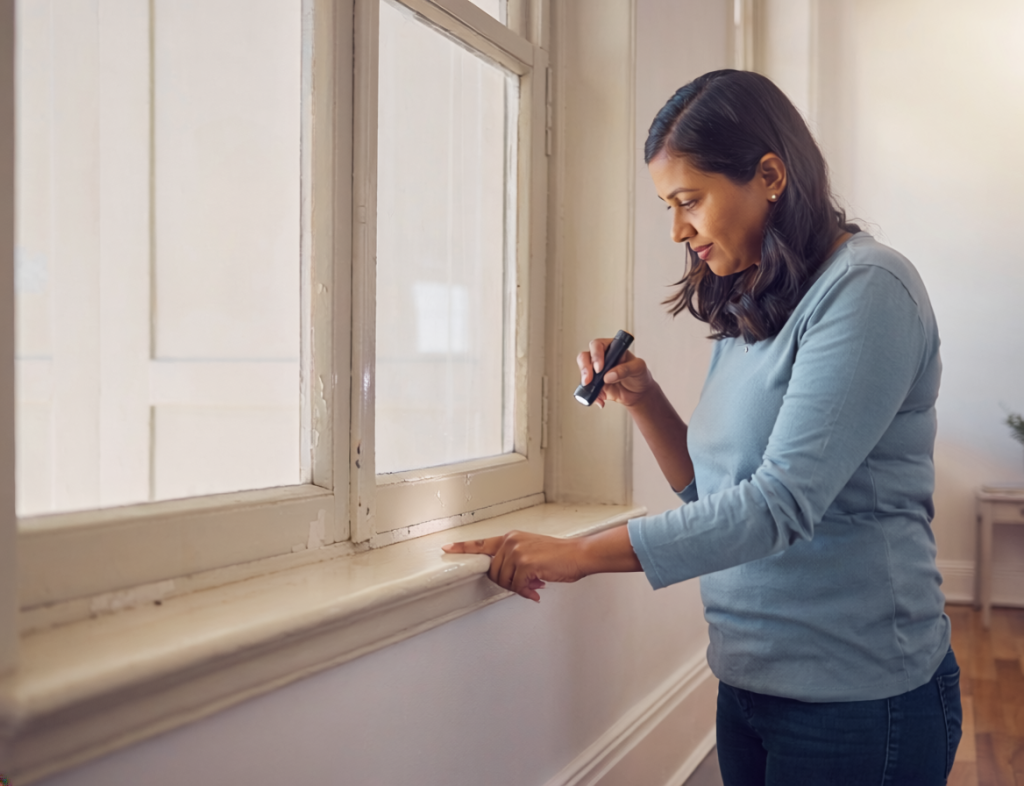 Homeowner inspecting peeling paint, water staining, and deteriorated wood on the lower frame of an older closed double-hung window.