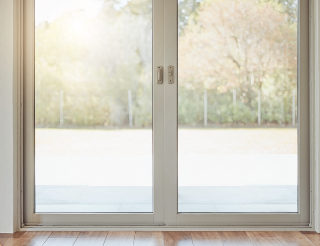 Homeowner holds a small tissue near the meeting seam of a closed sliding glass patio door to check for a draft.