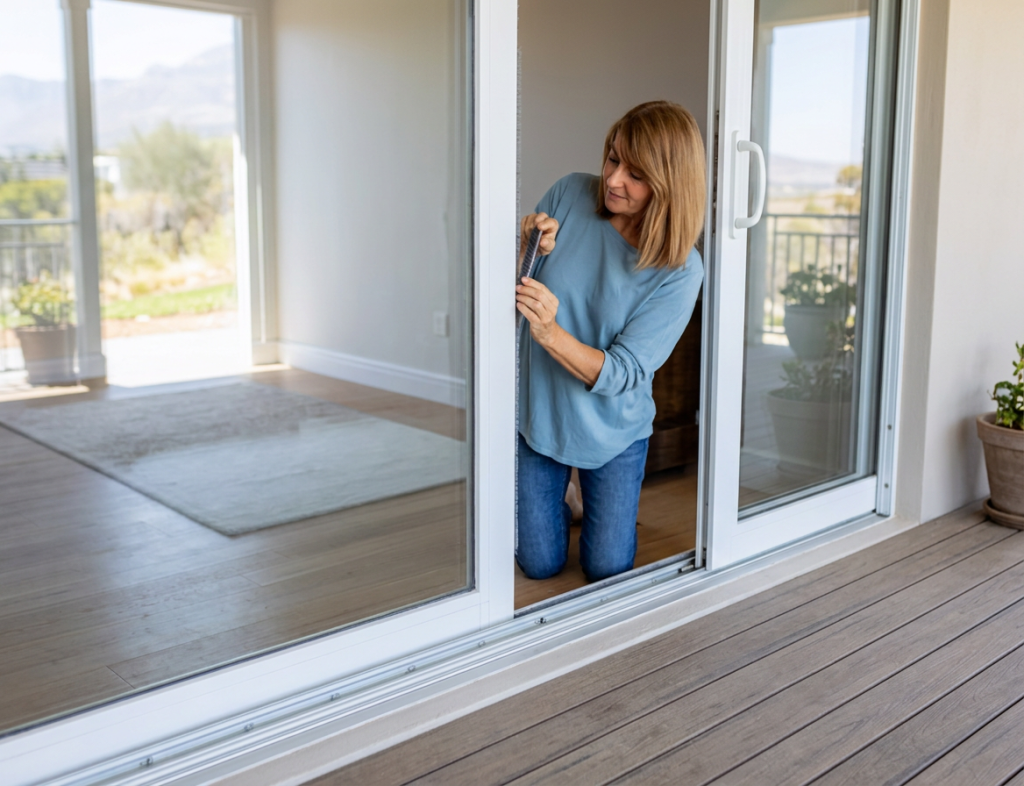 Homeowner compares a short pile sample with worn sliding glass door weatherstripping along the closed panel’s vertical edge.