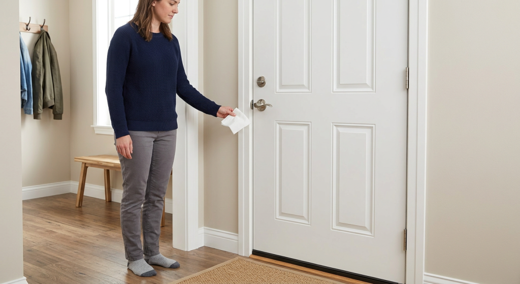 Homeowner holding a small tissue near the latch-side seam of a closed exterior door to check for a draft.