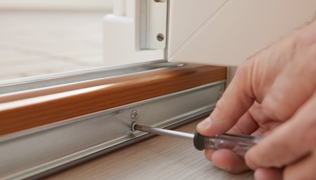 Close-up of an adjustable exterior-door threshold in a bright entryway, with a hand using a screwdriver to adjust one screw on the raised center cap.