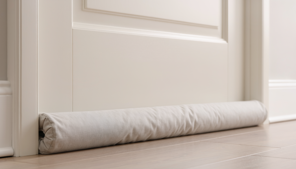 Neutral fabric door draft stopper resting along the bottom of a closed interior door on a hardwood floor.