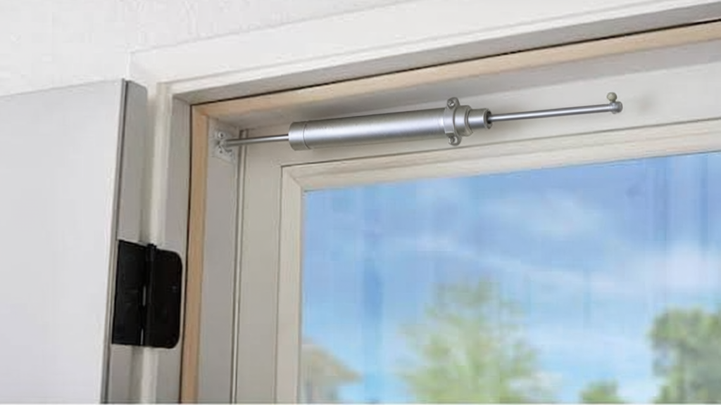 Silver pneumatic storm-door closer mounted between a partly open white storm door and its frame.