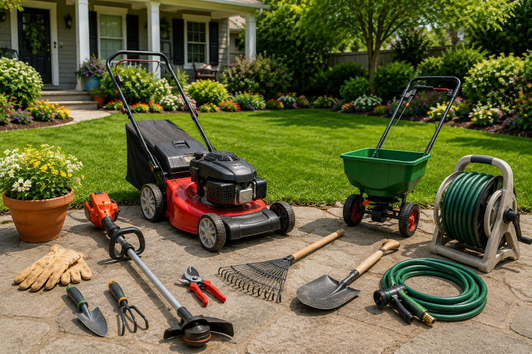Collection of common lawn and garden tools arranged beside a well-maintained backyard.