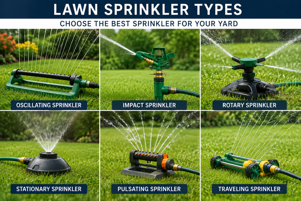 Comparison of oscillating, impact, rotary, stationary, pulsating, and traveling lawn sprinklers.