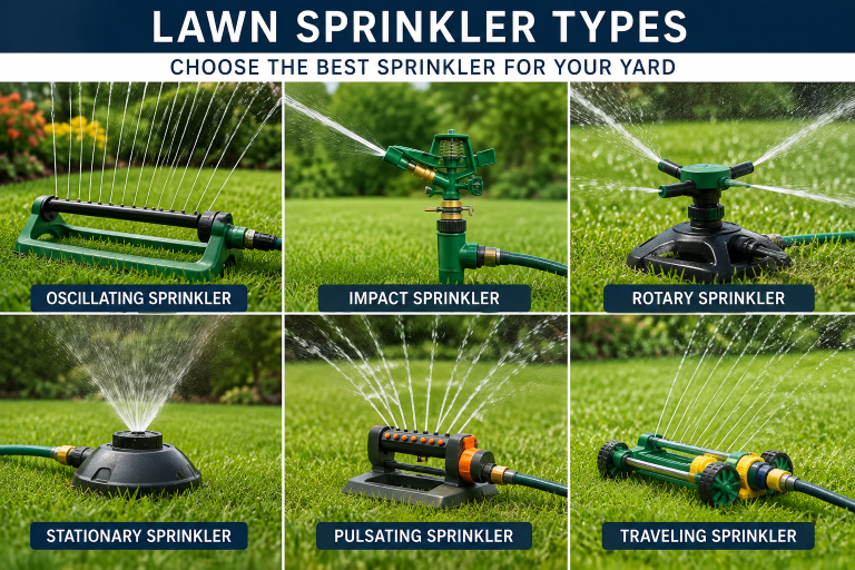 Comparison of oscillating, impact, rotary, stationary, pulsating, and traveling lawn sprinklers.