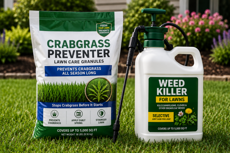 Bag of granular crabgrass preventer beside a selective liquid weed killer for lawns.