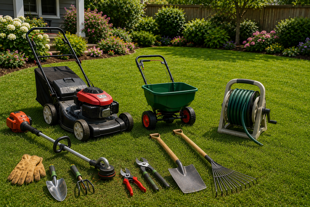 Lawn mower, string trimmer, spreader, hose reel, and garden tools arranged on a residential lawn.