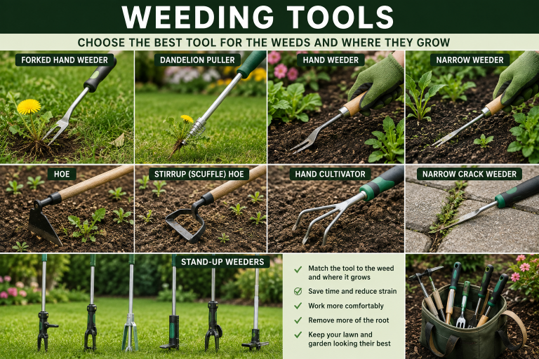Comparison of common weeding tools including hand weeders, hoes, cultivators, crack weeders, and stand-up weeders.