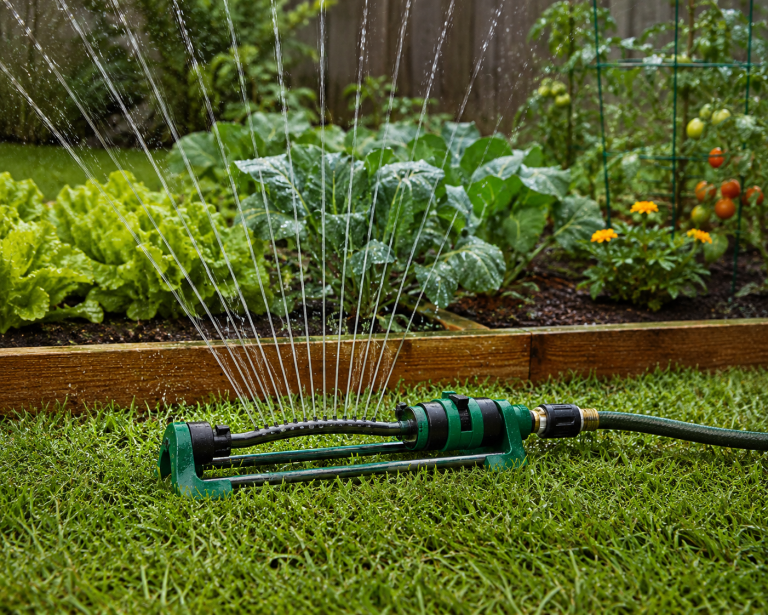 Compact oscillating sprinkler connected to a long garden hose and watering a small lawn with a controlled spray pattern.