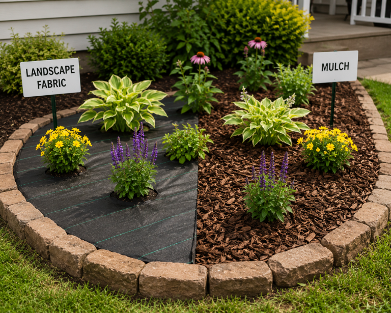 Flower bed divided between landscape fabric and mulch for weed control comparison.
