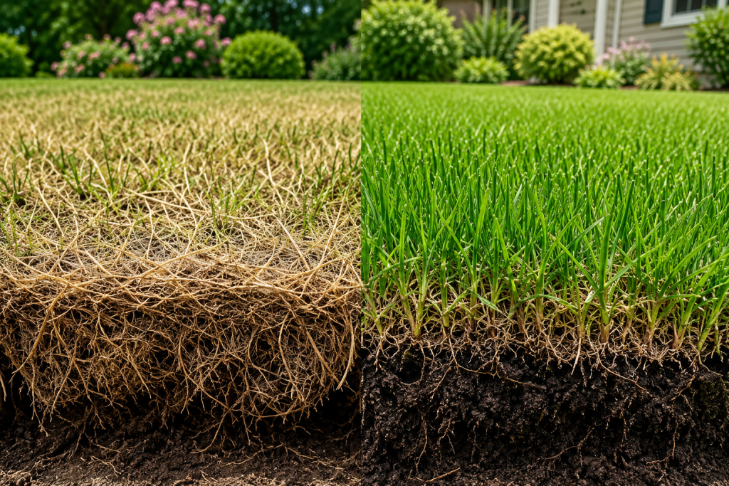 Comparison of a lawn with excessive thatch and a healthy green lawn with better soil contact.