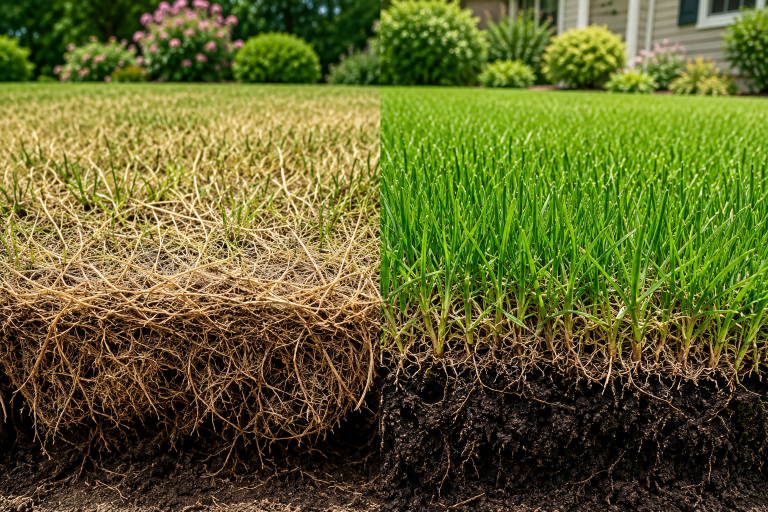 Comparison of a lawn with excessive thatch and a healthy green lawn with better soil contact.