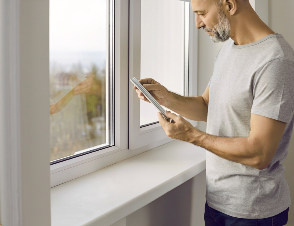 Homeowner compares a replacement weatherstripping sample with the existing seal on a closed window.