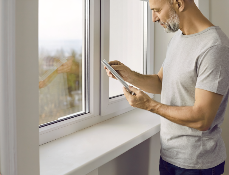Homeowner compares a replacement weatherstripping sample with the existing seal on a closed window.