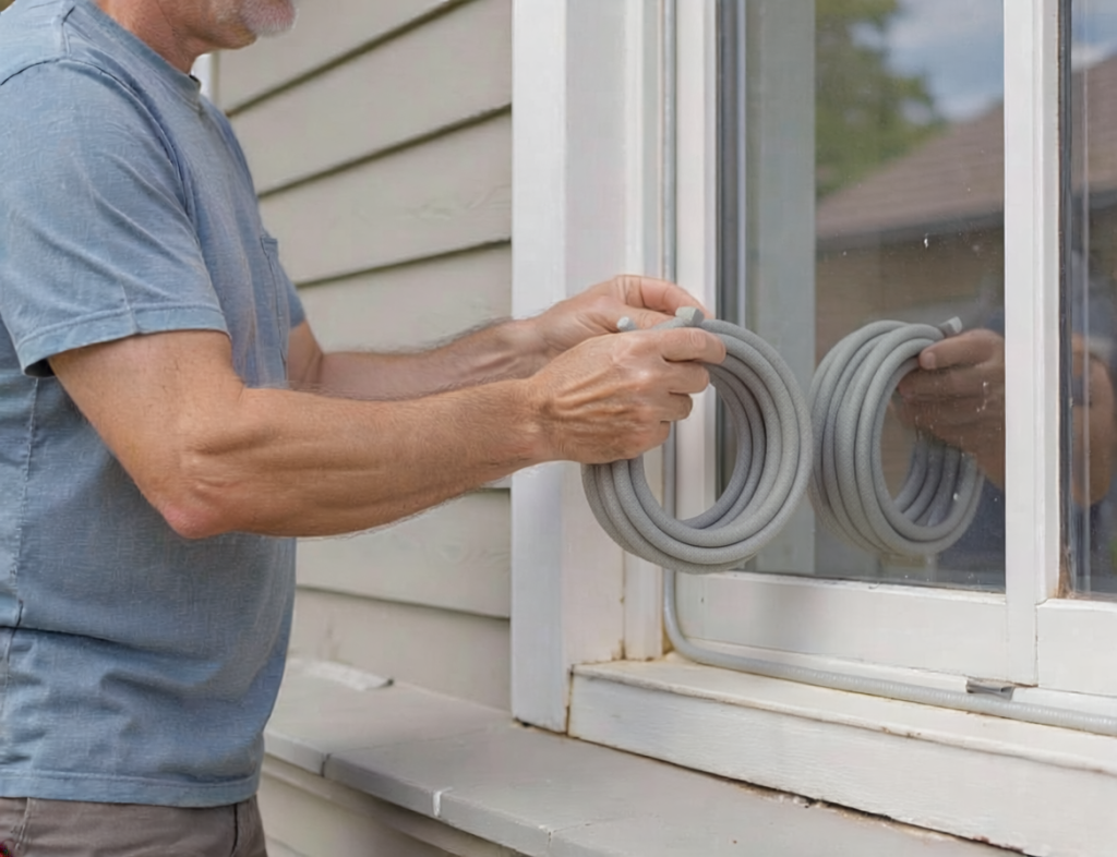 Homeowner compares a narrow foam backer rod with the fixed gap beside a ground-level exterior window.