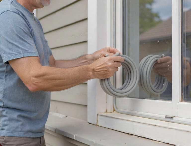 Homeowner compares a narrow foam backer rod with the fixed gap beside a ground-level exterior window.
