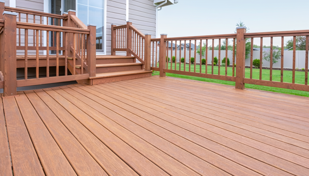 Clean wooden backyard deck with railings and a short set of stairs attached to a house.