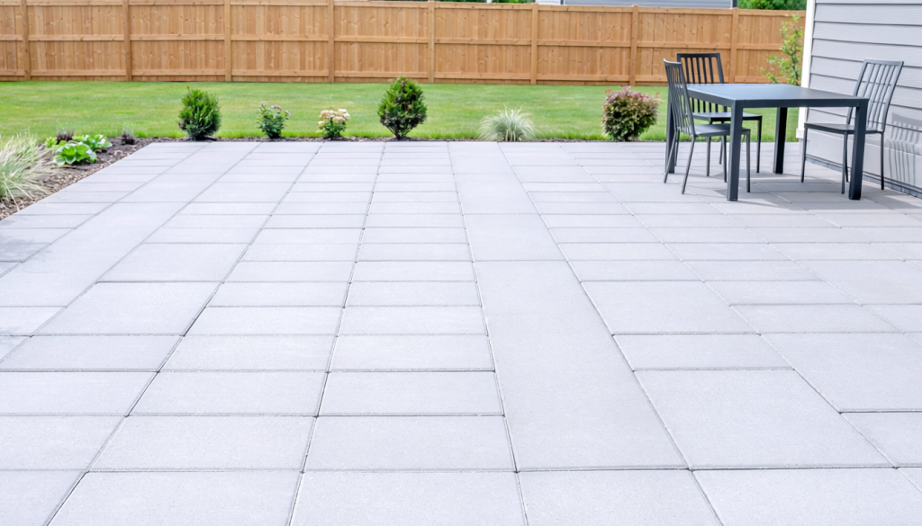 Clean backyard patio made of rectangular concrete pavers with simple outdoor furniture and a few plants around the edges.