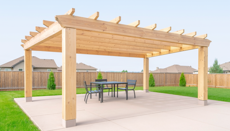 Clean wooden pergola over a backyard patio with simple outdoor furniture underneath.
