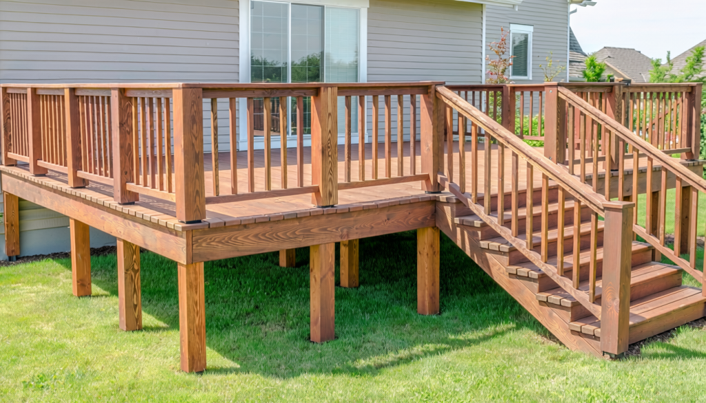 Residential wood deck attached to a house with railings, stairs, and visible support posts.