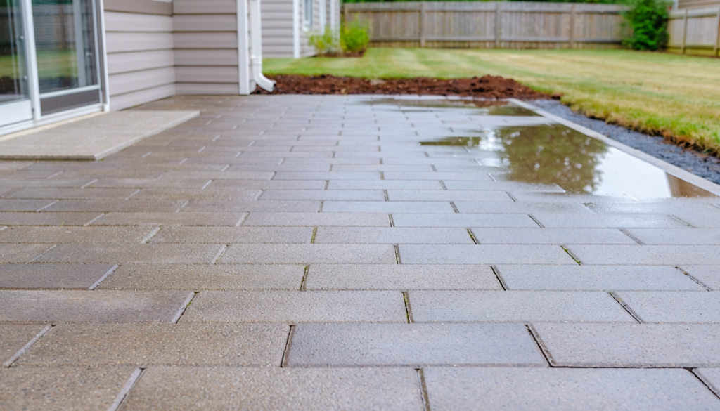 Backyard paver patio after rain with a shallow puddle near the edge and damp soil beside it.