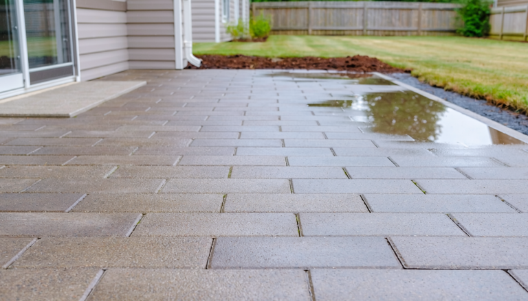 Backyard paver patio after rain with a shallow puddle near the edge and damp soil beside it.