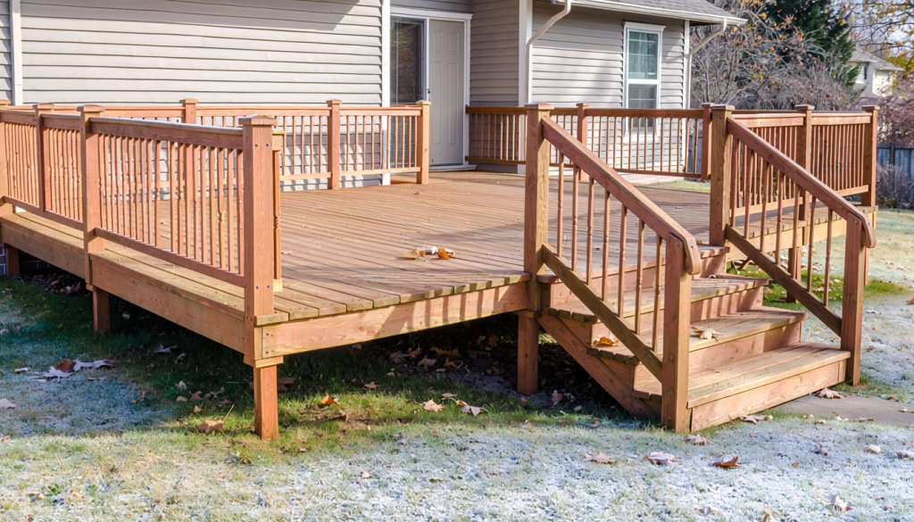 Clean residential wood deck in late fall with a few fallen leaves and light frost on the surrounding lawn.