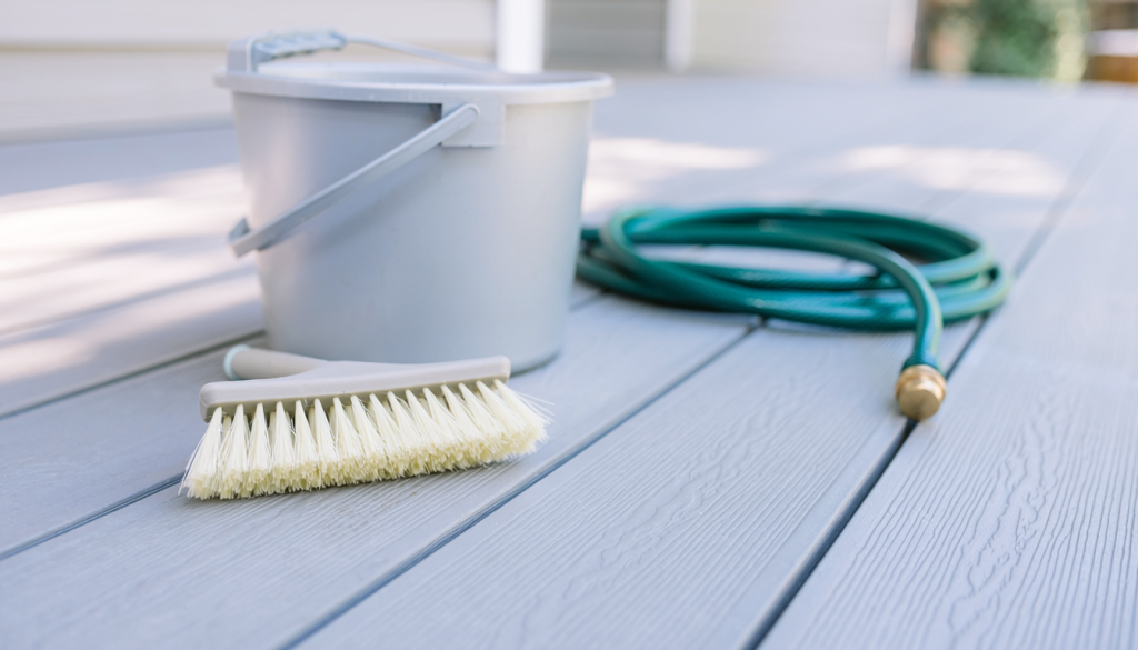 Gray composite deck surface with a soft deck brush, plain bucket, and garden hose resting nearby.