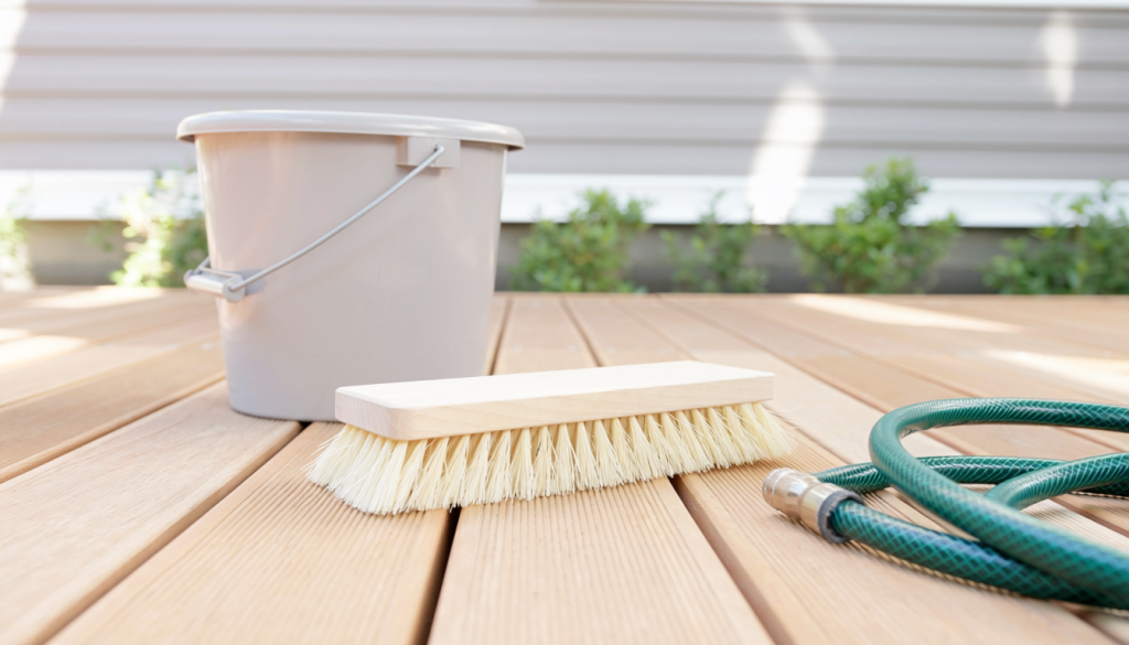 Natural wood deck surface with a soft deck brush, plain bucket, and garden hose resting nearby.