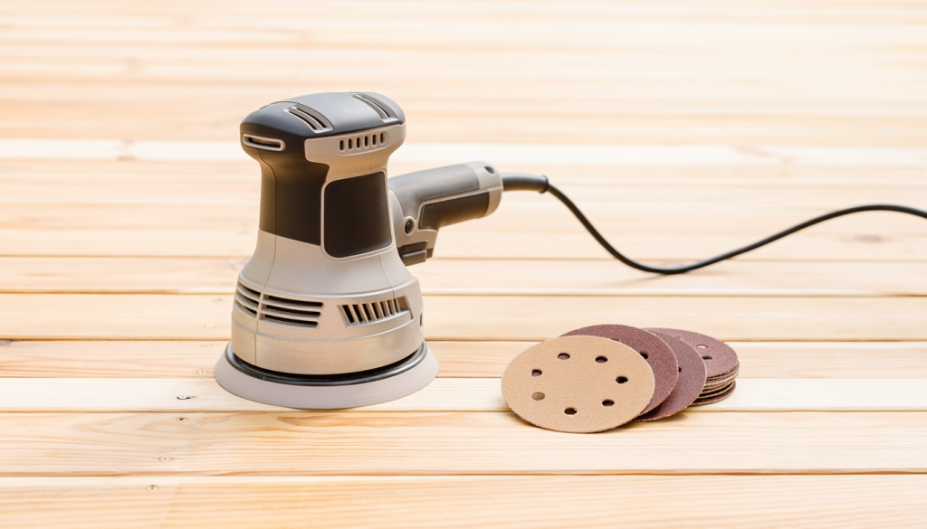 Natural wood deck surface with a random-orbit sander resting on the boards beside a few sanding discs.