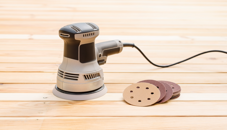 Natural wood deck surface with a random-orbit sander resting on the boards beside a few sanding discs.