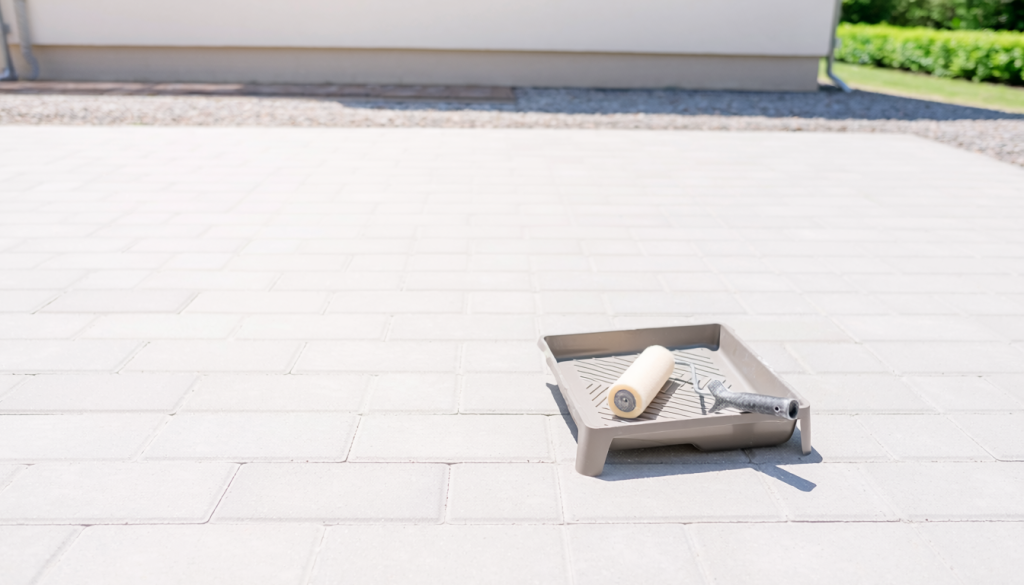 Clean patio pavers with a small roller tray and a short-handled roller resting nearby.