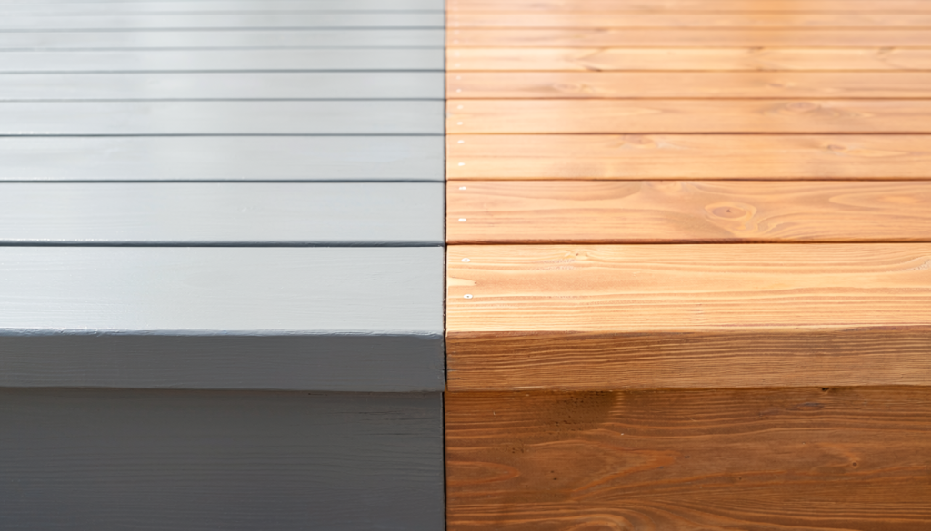 Close view of older deck boards showing a side-by-side comparison of muted-gray deck paint and medium-brown deck stain with visible wood grain.