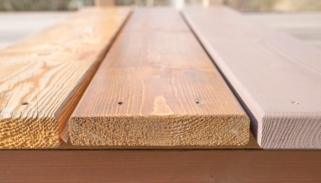 Close view of three older deck boards comparing transparent natural, medium-brown semi-transparent, and muted solid-color stain finishes.
